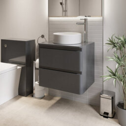 Aveli 600mm Bathroom Countertop Vanity Unit Fluted Round Basin Wall Hung Grey Gloss