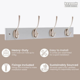 Keypak Victorian 4 Hook Wall-Mount Wooden Coat Rack, 45Cm - Dove Bloc With Satin Nickel Hooks - Fixings Included - thumbnail 2