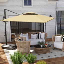 Outsunny Garden Cantilever Parasol W/ Weighted Base Tilt Crank Khaki