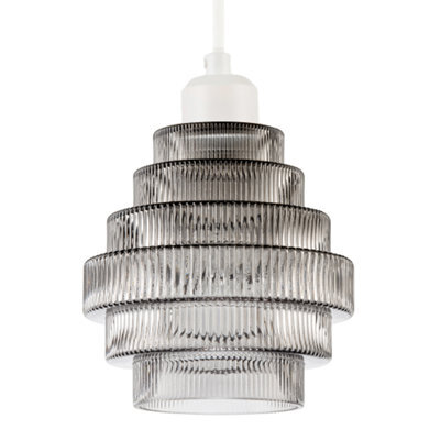 Happy Homewares Tiered Stepped Design Smoked Ribbed Glass Pendant Ceiling Light Shade - image 1