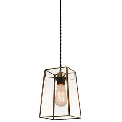 Hanging Ceiling Pendant Light Antique Brass & Square Glass Shade Sleek Box Lamp - image 1