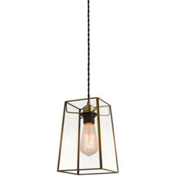Hanging Ceiling Pendant Light Antique Brass & Square Glass Shade Sleek Box Lamp - thumbnail 1