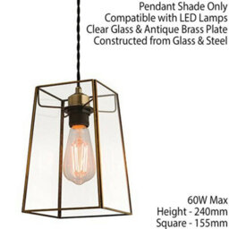 Hanging Ceiling Pendant Light Antique Brass & Square Glass Shade Sleek Box Lamp - thumbnail 2