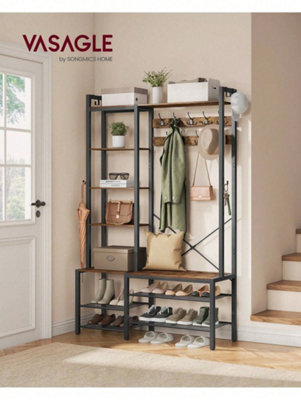 LEDREM Hall Tree With Bench And Shoe Storage, Hallway Coat Rack With Shoe Bench And 5 Storage Shelves, 140 X 120 X 190 Cm - image 1