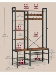 LEDREM Hall Tree With Bench And Shoe Storage, Hallway Coat Rack With Shoe Bench And 5 Storage Shelves, 140 X 120 X 190 Cm - thumbnail 4
