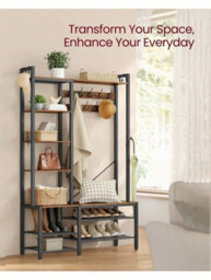 LEDREM Hall Tree With Bench And Shoe Storage, Hallway Coat Rack With Shoe Bench And 5 Storage Shelves, 140 X 120 X 190 Cm - thumbnail 3