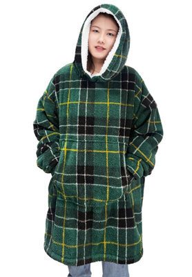 Homes & Linen Blanket Hoodie Tartan Check Oversized Wearable Teddy Fleece Hooded Blanket