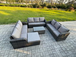 Fimous Rattan Lounge Sofa Set 10 Seater Outdoor Garden Furniture Set With Rectangular Coffee Table 3 Seater Sofa Big Footstool - thumbnail 2