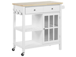 Wyld And Coco Nordic Kitchen Trolley White Mdf With Pine Wood Top, Lockable Castors, W80 X D43 X H88 Cm - thumbnail 3
