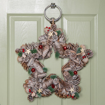 Samuel Alexander 45Cm Frosted Hanging Christmas Star Wreath With Red Jingle Bells & Wooden Stars - image 1