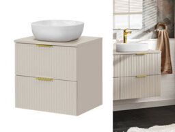 Impact Furniture Vanity Unit With Basin 600mm Countertop Wall Hung Bathroom Cabinet With Sink Fluted Ribbed Beige Cashmere Adel