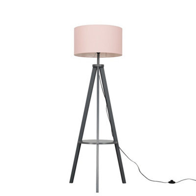 Valuelights Morrigan Grey Wood Shelf Tripod Floor Lamp With Blush Drum Shade - image 1