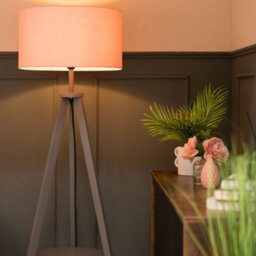 Valuelights Morrigan Grey Wood Shelf Tripod Floor Lamp With Blush Drum Shade - thumbnail 2