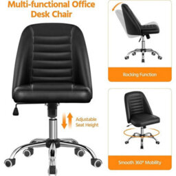 Mid Back Faux Leather Office Chair Black Swivel Ergonomic Lumbar Support - thumbnail 3