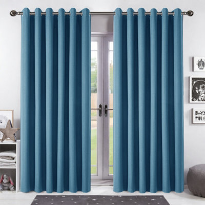 Bedlooms Blue Linen Curtain 100% Blackout Thermal Insulated Eyelet Curtain (Pair) 90 X 90 Inches With Tie Back Two - image 1