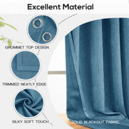 Bedlooms Blue Linen Curtain 100% Blackout Thermal Insulated Eyelet Curtain (Pair) 90 X 90 Inches With Tie Back Two - thumbnail 5
