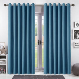 Bedlooms Blue Linen Curtain 100% Blackout Thermal Insulated Eyelet Curtain (Pair) 90 X 90 Inches With Tie Back Two