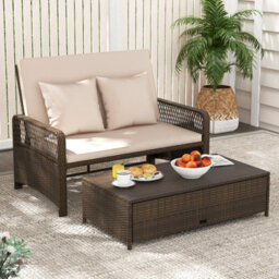 Gainoom Patio Rattan Daybed 2-Piece Outdoor Wicker Loveseat Sofa Furniture - thumbnail 4