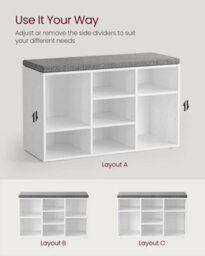 Songmics Shoe Bench, Storage Bench With Padded Seat, With Cushion, 9 Compartments, Adjustable Shelves, Classic White - thumbnail 3
