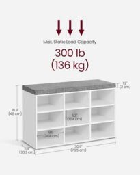 Songmics Shoe Bench, Storage Bench With Padded Seat, With Cushion, 9 Compartments, Adjustable Shelves, Classic White - thumbnail 2