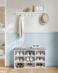 Songmics Shoe Bench, Storage Bench With Padded Seat, With Cushion, 9 Compartments, Adjustable Shelves, Classic White - thumbnail 1