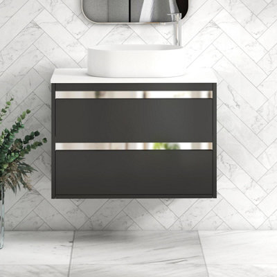 Royal Bathrooms Orion 800mm Matt Obsidian Black Wall Hung Plain White Countertop Vanity Unit 2 Drawer With Peak Basin & Chrome Accent Trim - image 1