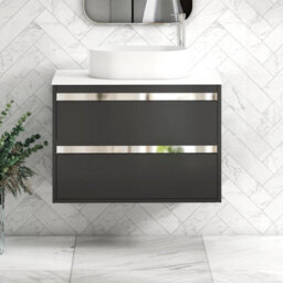 Royal Bathrooms Orion 800mm Matt Obsidian Black Wall Hung Plain White Countertop Vanity Unit 2 Drawer With Peak Basin & Chrome Accent Trim - thumbnail 1