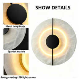 Amorly Modern Round Alabaster Natural Marble Wall Light,metal Base Wall Mounted Lamp,for Living Room Bedroom Bedside Stairs Hallway Black - thumbnail 4