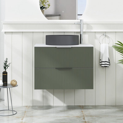 Royal Bathrooms Evora 700mm Sage Green Fluted Wall Hung Countertop Vanity Unit 2 Drawer With Art Round Basin - image 1