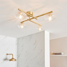 Bubly Bathrooms Linear Satin Brass Ip44 Bathroom Ceiling Light With Ribbed Glass Shades & G9 Holders