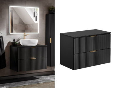 Impact Furniture Bathroom Vanity Unit Black Wall Hung  800mm Cabinet With Worktop Countertop Ribbed Fluted Drawer Adel - image 1
