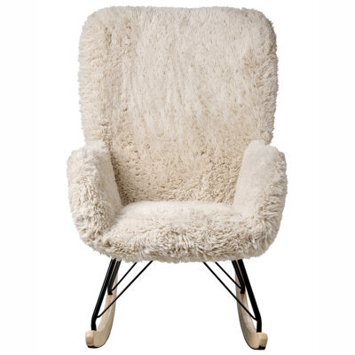Wyld And Coco Rocking Armchair Light Beige Faux Fur Upholstery Rubberwood Legs With Skates W66 X D98 X H104Cm - image 1