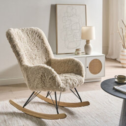 Wyld And Coco Rocking Armchair Light Beige Faux Fur Upholstery Rubberwood Legs With Skates W66 X D98 X H104Cm - thumbnail 2