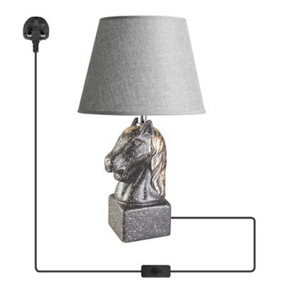 Horse Head Table Lamp 40Cm Grey With Ceramic Sculpture Base & Linen Shade E27 Bulb Holder Bedside Light Uk Plug With Bulb - image 1