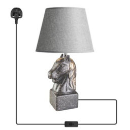 Horse Head Table Lamp 40Cm Grey With Ceramic Sculpture Base & Linen Shade E27 Bulb Holder Bedside Light Uk Plug With Bulb - thumbnail 1