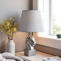 Horse Head Table Lamp 40Cm Grey With Ceramic Sculpture Base & Linen Shade E27 Bulb Holder Bedside Light Uk Plug With Bulb - thumbnail 5