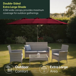 Keplin Double Garden Parasol With Base And Cover 4.5X2.7M, 12 Steel Ribs, 180Gsm Crank Handle, Polyester Canopy, Dark Red - thumbnail 2