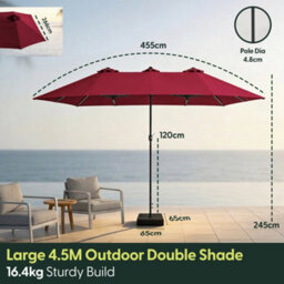 Keplin Double Garden Parasol With Base And Cover 4.5X2.7M, 12 Steel Ribs, 180Gsm Crank Handle, Polyester Canopy, Dark Red - thumbnail 8