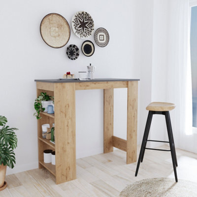 Oak Bar Table, 110 Cm Breakfast Bar With Storage, Modern Kitchen Bar Table, Kitchen Island, Table For Dining (Oak&light Grey)