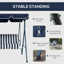 Outsunny Outdoor 3-Person Porch Swing Chair With Adjustable Canopy Blue, White - thumbnail 5