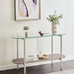 Wyld And Coco Console Table 120 X 41 Cm - Tempered Glass Top, Silver Chromed Frame, Light Wood-Effect Shelf - thumbnail 2