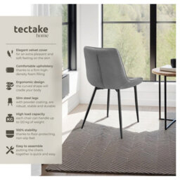 Tectake Set Of 4 Dining Chair Monroe - Padded, Velvet Look, Ergonomic Seat, Black Steel Legs  - Grey - thumbnail 2