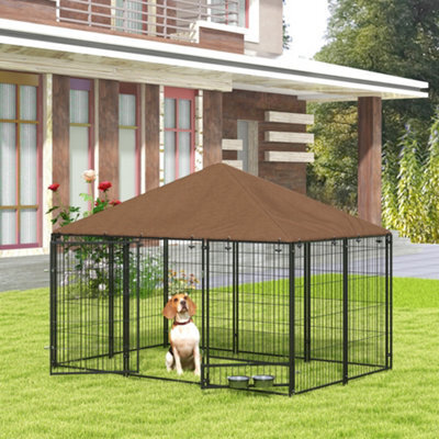 Pawhut Outdoor Dog House Kennel With Canopy Top & Lock Rotating Bowl Holder - image 1