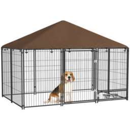 Pawhut Outdoor Dog House Kennel With Canopy Top & Lock Rotating Bowl Holder - thumbnail 2