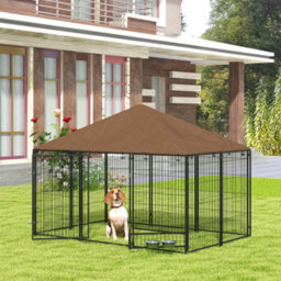 Pawhut Outdoor Dog House Kennel With Canopy Top & Lock Rotating Bowl Holder - thumbnail 1