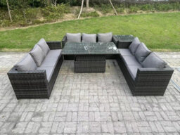 Fimous 9 Seater Outdoor Rattan Garden Furniture Sofa Set Patio Adjustable Rising Lifting Dining Table Set - thumbnail 2
