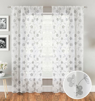 Tyrone Textiles Pair Of Sienna Grey Floral Paste Print Patterned Voile Panels With Rod Pocket Header 183 Cm - image 1