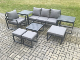 Fimous Aluminium Outdoor Garden Furniture Set Lounge Sofa Chair Sets With 2 Side Tables 3 Footstools Conservatory Set