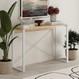 Decortie Archie Modern Narrow Console Table 110Cm Oak X-Frame Metal Legs Sofa Hallway Entryway Table