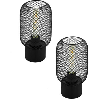 Set Of 2 Modern Black Steel Table Lamps With Round Wire Mesh Shade - image 1
